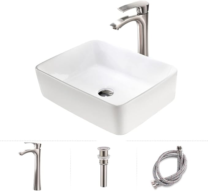 16 Inch White Vessel Sink,16x12 Bathroom Sink Rectangular Above Counter White Vessel Vanity Sink Porcelain Ceramic Countertop Bathroom Vessel Sink Art Basin with Faucet and Drain Combo