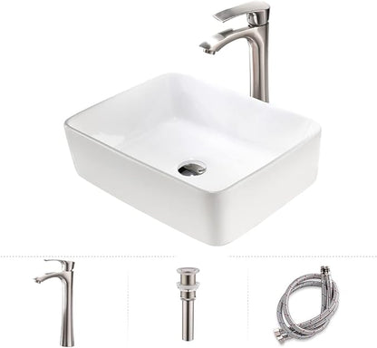 16 Inch White Vessel Sink,16x12 Bathroom Sink Rectangular Above Counter White Vessel Vanity Sink Porcelain Ceramic Countertop Bathroom Vessel Sink Art Basin with Faucet and Drain Combo