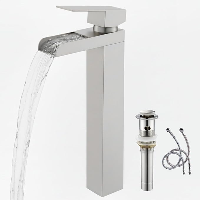Tall Bathroom Faucet, Brushed Nickel Waterfall Bathroom Faucets for 1 Hole, Single Handle Lavatory Bathroom Vessel Sink Faucet with Hoses and Pop-up Drain KMBF015L-1