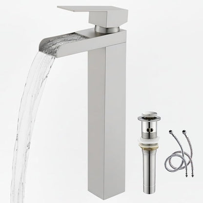 Tall Bathroom Faucet, Brushed Nickel Waterfall Bathroom Faucets for 1 Hole, Single Handle Lavatory Bathroom Vessel Sink Faucet with Hoses and Pop-up Drain KMBF015L-1