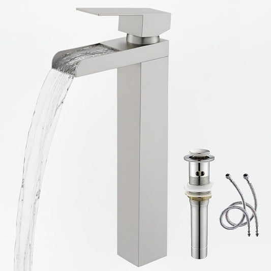 Tall Bathroom Faucet, Brushed Nickel Waterfall Bathroom Faucets for 1 Hole, Single Handle Lavatory Bathroom Vessel Sink Faucet with Hoses and Pop-up Drain KMBF015L-1