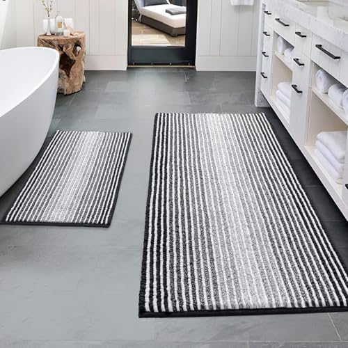 BSICPRO Bathroom Rugs Sets 2 Piece, Non Slip Striped Bath Mats, Black