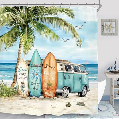 Miyotaa Coastal Beach Palm Surfboard Shower Curtain Set 60Wx71H Inches Ocean Summer Tropical Scenery Hawaii Camping Waterproof Bathroom Curtain with 12 Hooks