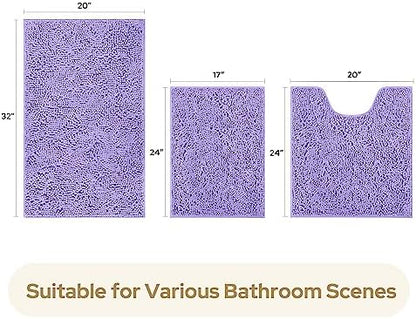 HOMEIDEAS Lavender Chenille Bathroom Rugs Set of 3, Non Slip Bath Mat