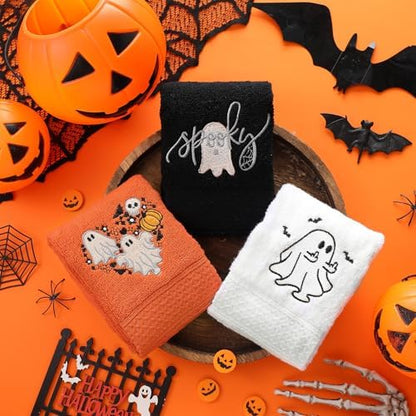 FuWeave 3 Pcs Black Orange Halloween Ghost Hand Towels for Bathroom