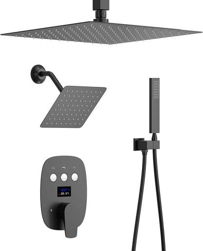 Shower Faucet Set Matte Black Dual Shower Head System | Ceiling Mounted, 12+8 inch Shower Head and Handle Set, Temperature Visualization