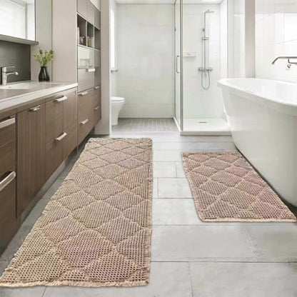 ZALL Set of 2 Tan Waffle Bath Mat, Super Absorbent Non Slip Bathroom Rug, Brown 17x24inch and 20x48inch, Geometric Diamond Machine Washable Ultra Soft Floor Mats