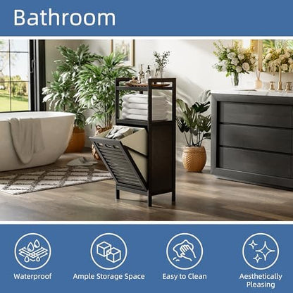 HITNET Tilt Out Laundry Hamper, Bamboo Bathroom Cabinet with Pull Out Removable Bag and 2 Tier Storage Shelves, 10 Gal Clothes Basket with Metal Handle, Black