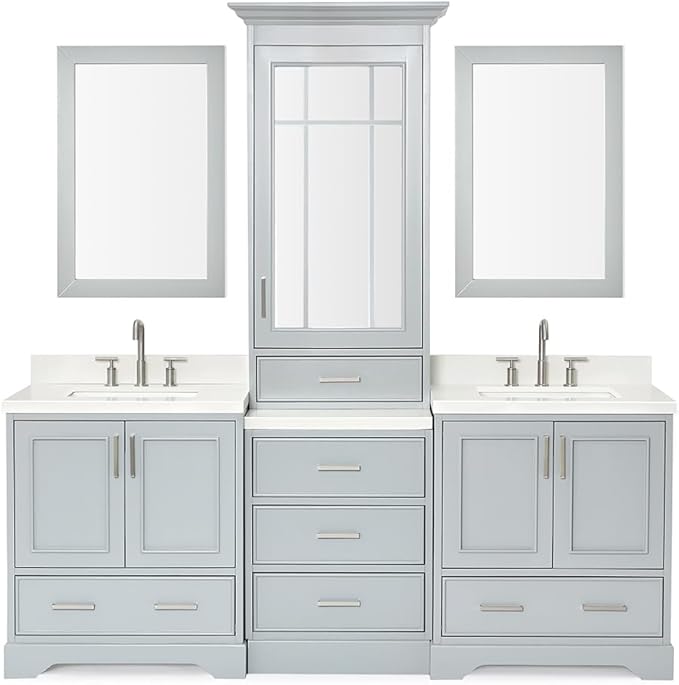 ARIEL Stafford 84-inch Bathroom Vanity with Sink,Solid Wood, 1.5-inch Pure White Quartz Countertop & Backsplash, Double Rectangular Porcelain Sink, 5 Soft Closing Doors, 6 Dovetail Drawers, Grey