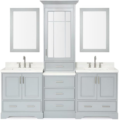 ARIEL Stafford 84-inch Bathroom Vanity with Sink,Solid Wood, 1.5-inch Pure White Quartz Countertop & Backsplash, Double Rectangular Porcelain Sink, 5 Soft Closing Doors, 6 Dovetail Drawers, Grey