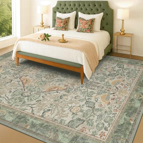 Botanical Sage Rug for Living Room - Washable 10x12 Area Rug for Dining Room Under Table, Extra Large Bedroom - Boho Bird Farmhouse Light Green Decor, Soft Low PileNon-Slip & Stain Resistance