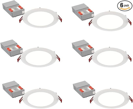 Juno LED Recessed Lights 6 Inch Round Baffle Wafer Downlight, 5-in-1 Switchable White Color Temperature, Adjustable Brightness, 120 Volts, 6-Inch Flat Trim, 6 Pack, Matte White