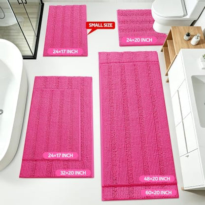 ACCUMTEK Christmas Striped Hot Pink Bathroom Rug Set 3 Pieces Ultra Soft, Non Slip Chenille Toilet Mat, Absorbent Plush Shaggy Bath Mats for Bathroom, Bedroom, Kitchen, Peach