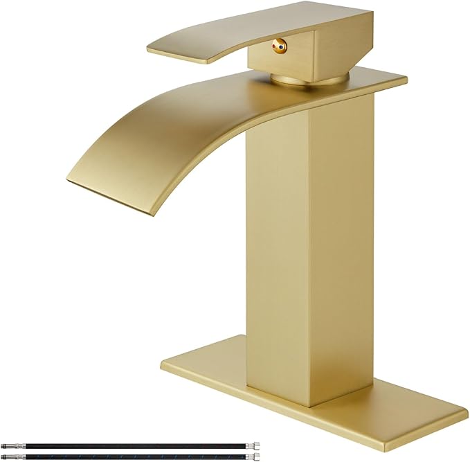 Airuida Brushed Gold Waterfall Spout Single Handle Bathroom Sink Faucet Single Hole Rv Lavatory Vanity Vessel Faucet Basin Mixer Tap with Deck Plate Supply Hoses 1 Hole or 3 Hole