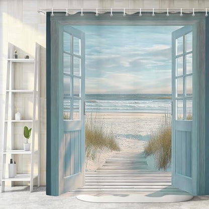 Blue Beach Barn Door Shower Curtain, Rustic Country Ocean Coastal Seaside Scenery Decor Bath Curtains, Retro Teal Wood Waterproof Bathroom Accessories Set, 47 x 64 inch with Hooks