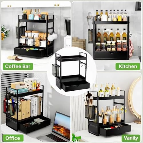 2-Tier Bathroom Counter Organizer with Drawer Basket and Hooks, Wood Bathroom Organizers and Storage for countertop, Farmhouse Black Countertop Organizer, Counter Shelf for Vanity, Kitchen, Office