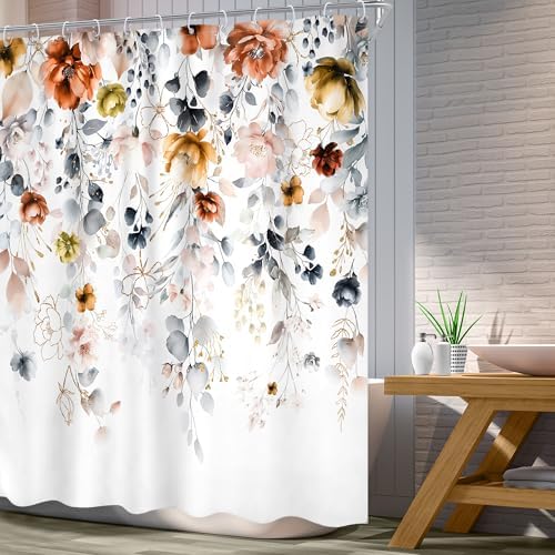 Yellow Orange Floral Pastel Watercolor Rustic Bathroom Shower Curtain Set