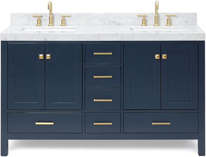 ARIEL Cambridge 60-inch Bathroom Vanity with Sink,Solid Wood, 2-inch Italian Carrara Marble Countertop, Double Rectangular Porcelain Sink, 4 Soft Closing Doors, 6 Dovetail Drawers, Midnight Blue