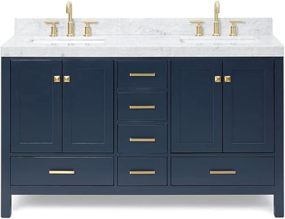 ARIEL Cambridge 60-inch Bathroom Vanity with Sink,Solid Wood, 2-inch Italian Carrara Marble Countertop, Double Rectangular Porcelain Sink, 4 Soft Closing Doors, 6 Dovetail Drawers, Midnight Blue