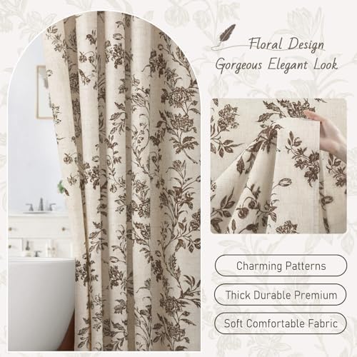 Brown Floral Shower Curtain,Vintage Linen Beige Cottagecore Shower Curtains for Bathroom, 72" W x 72" L