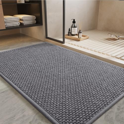 PADOOR-Bath Mat-Super Absorbent Chenille Bathroom Mats-Non Slip Rubber Backed Bath Mats for Bathroom, Easy Clean Bathroom Rugs Front of Shower Room,Sink-17×35, Grey&Darkgrey