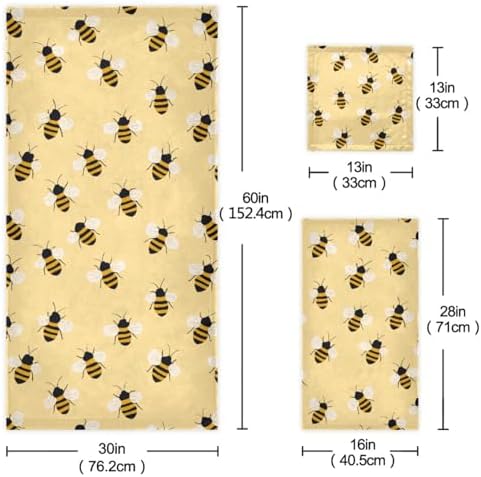 Naanle Retro Little Bee Pattern Soft Set of 3 Towels, 1 Bath Towel+1 Hand Towel+1 Washcloth, Decorative for Bathroom, Hotel, Kitchen, Spa and Beach