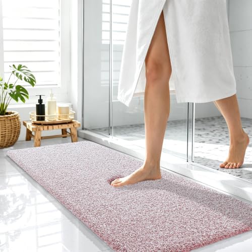 OLANLY Microfiber Bathroom Rugs 47x17, Quick Dry Mat, Deep Rose and White