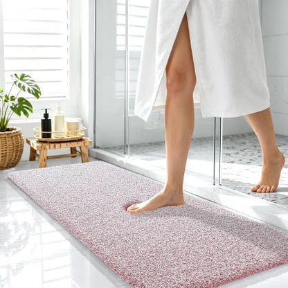 OLANLY Microfiber Bathroom Rugs 47x17, Quick Dry Mat, Deep Rose and White