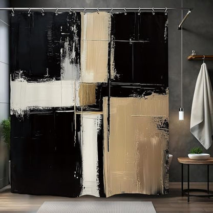 Abstract Modern Neutral Shower Curtain 60Wx72L Inch Black Tan Minimalist Contemporary Art Brush Stroke Painting Bathroom Set Accessories Decor with 12 Pack Hooks