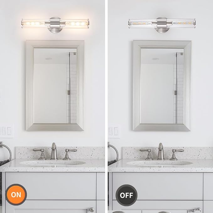 Brushed Nickel Wall Sconces Set of 2 (Hardwired Only), Bathroom Vanity Light Fixtures, Modern Cylinder Glass Wall Lights for Mirror 28-40 in Height, NOT Battery Operated, E26 Base (Bulbs Not Included)