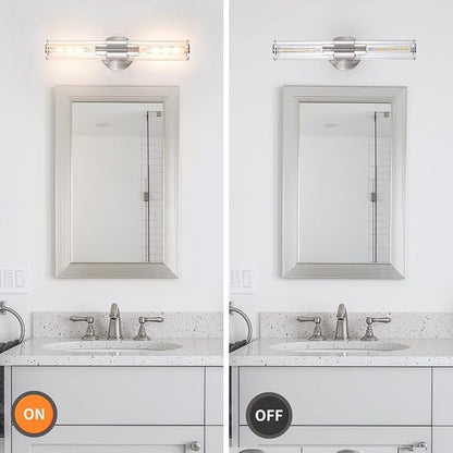Brushed Nickel Wall Sconces Set of 2 (Hardwired Only), Bathroom Vanity Light Fixtures, Modern Cylinder Glass Wall Lights for Mirror 28-40 in Height, NOT Battery Operated, E26 Base (Bulbs Not Included)