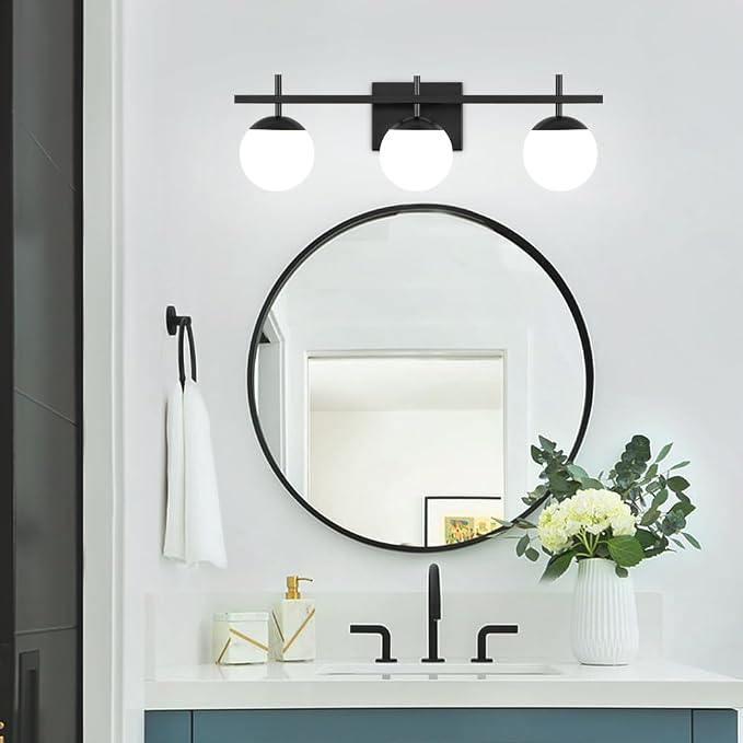 Modern Bathroom Light Fixtures Over Mirror, Black Vanity Lights Milky Glass Globe Bathroom Lighting Fixtures 3-Light Wall Sconces Light for Living Room Dining Room