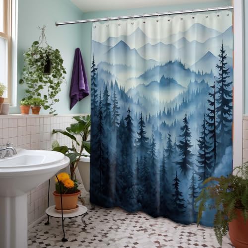 Navy Blue Forest Extra Long Shower Curtain, Tall 72X78 in, Mountain