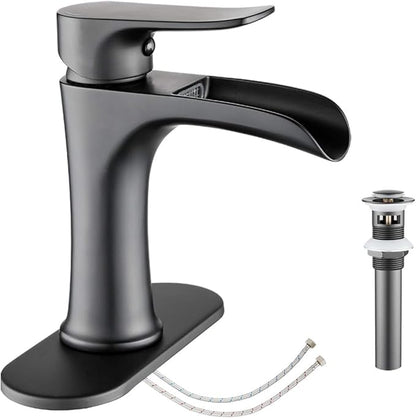 Waterfall Bathroom Faucet Black YUNDOOM Matte Black with Pop Up Drain Single Handle One Hole or Three Holes Vanity Farmhouse RV Vessel Basin Faucet Deck Mount
