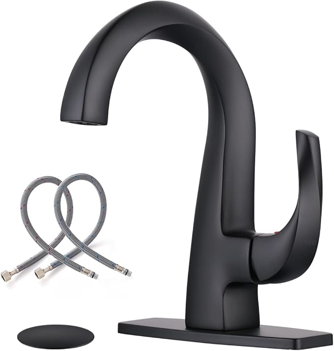 WOWOW Single Handle Bathroom Faucet, Matte Black, 1 Hole, High Arc, Pop Up Drain, Solid Brass, Easy Installation, 5 Year Warranty