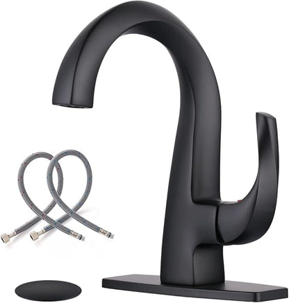 WOWOW Single Handle Bathroom Faucet, Matte Black, 1 Hole, High Arc, Pop Up Drain, Solid Brass, Easy Installation, 5 Year Warranty