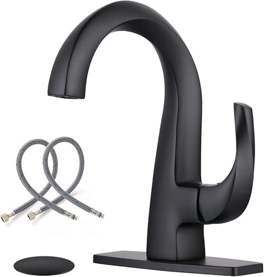 WOWOW Single Handle Bathroom Faucet, Matte Black, 1 Hole, High Arc, Pop Up Drain, Solid Brass, Easy Installation, 5 Year Warranty