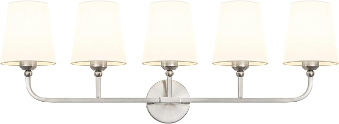Bathroom Vanity Light Brushed Nickel Bathroom Lighting Fixtures Over Mirror | 5-Light Bathroom Light Fixtures with Flared White Fabric Shade, E26 Socket (ETL Listed)