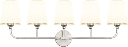 Bathroom Vanity Light Brushed Nickel Bathroom Lighting Fixtures Over Mirror | 5-Light Bathroom Light Fixtures with Flared White Fabric Shade, E26 Socket (ETL Listed)