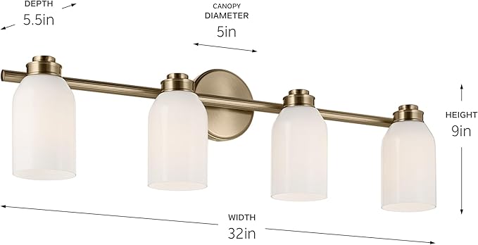 Kichler Shae 32.25" 4-Light Vanity Light with White Opal Glass in Champagne Bronze, for Bathroom Vanity, Powder Room, Over a Mirror, (32.25" W x 9" H), 55203CPZ