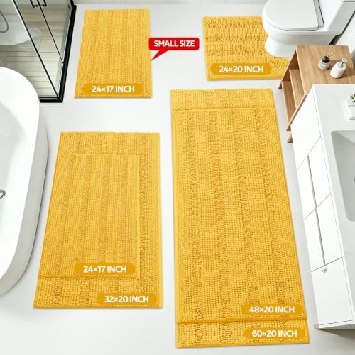 ACCUMTEK Striped Yellow Bathroom Rug Set 3 Pieces Ultra Soft, Non Slip Chenille Toilet Mat, Absorbent Plush Shaggy Bath Mats for Bathroom, Bedroom, Kitchen