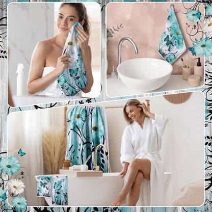 Moukeren Set of 3 Teal Daisy Bath Towels, Decorative Towels for Bathroom
