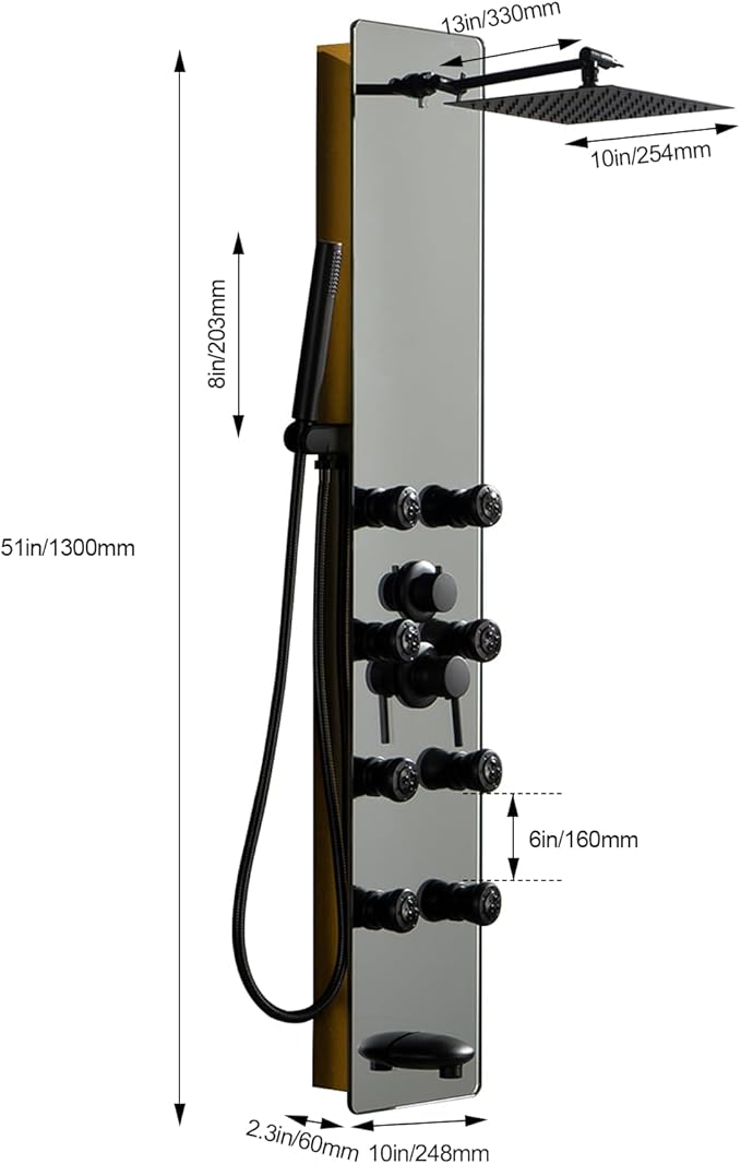 Shower Panel Tower System with Adjustable Rainfall Head Handheld Shower 2-Setting Body Jets and Tub Spout Multifunction Shower Panel, Brushed Stainless Steel and Glass