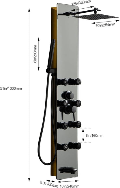 Shower Panel Tower System with Adjustable Rainfall Head Handheld Shower 2-Setting Body Jets and Tub Spout Multifunction Shower Panel, Brushed Stainless Steel and Glass