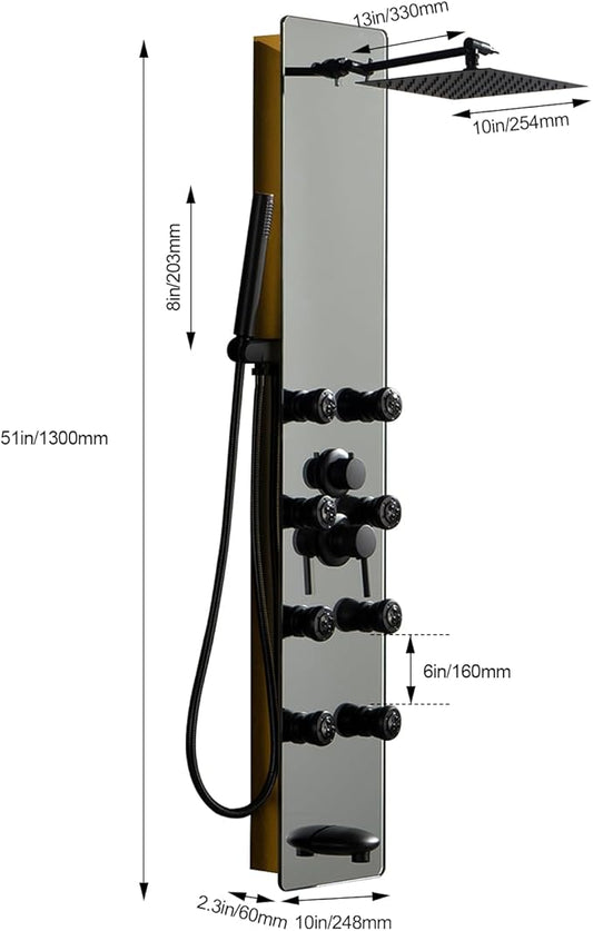 Shower Panel Tower System with Adjustable Rainfall Head Handheld Shower 2-Setting Body Jets and Tub Spout Multifunction Shower Panel, Brushed Stainless Steel and Glass