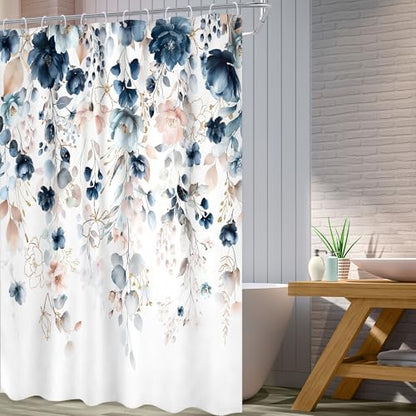 Blue Pink Floral Extra Long Watercolor Bathroom Shower Curtain Set
