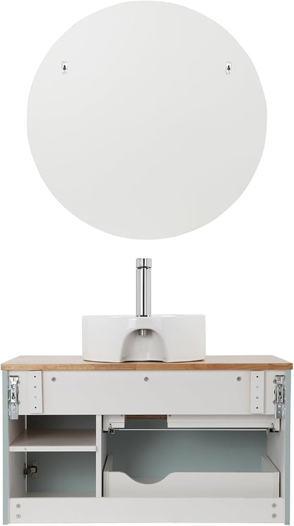 36 inch Bathroom Vanity with Sink and Solid Wood Countertop, Wall Mounted Bathroom Vanity Cabinet with 2 Drawers & 1 Door, Modern Floating Bathoom Vanity Set Include Round Ceramic Basin Sink & Mirror