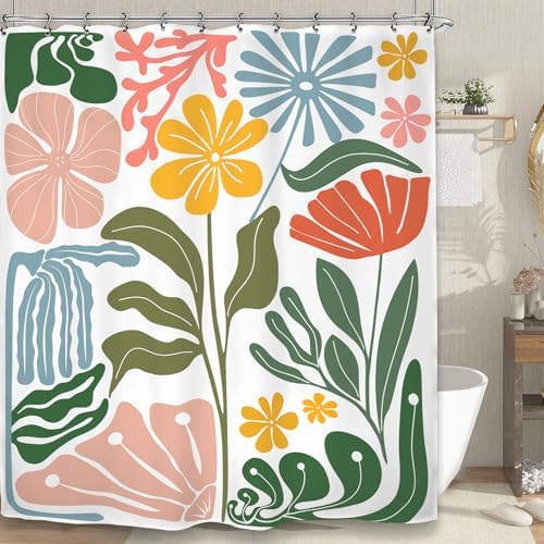 Colorful Abstract Flower Shower Curtain 60Wx72L Inch Minimalist Contemporary Matisse Funky Groovy Art Aesthetic Spring Bathroom Set Accessories Decor with 12 Pack Hooks