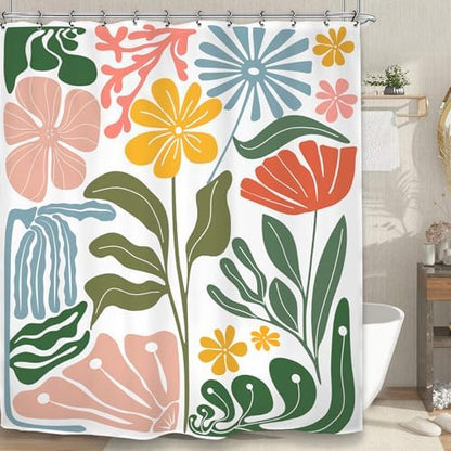Colorful Abstract Flower Shower Curtain 60Wx72L Inch Minimalist Contemporary Matisse Funky Groovy Art Aesthetic Spring Bathroom Set Accessories Decor with 12 Pack Hooks