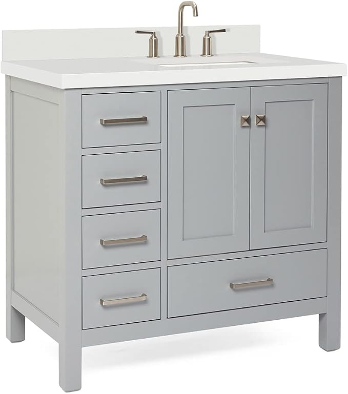 ARIEL Cambridge 36-inch Bathroom Vanity with Sink,Solid Wood, 1.5-inch Pure White Quartz Countertop & Backsplash, Single Rectangular Porcelain Sink, 2 Soft Closing Doors, 5 Dovetail Drawers, Grey